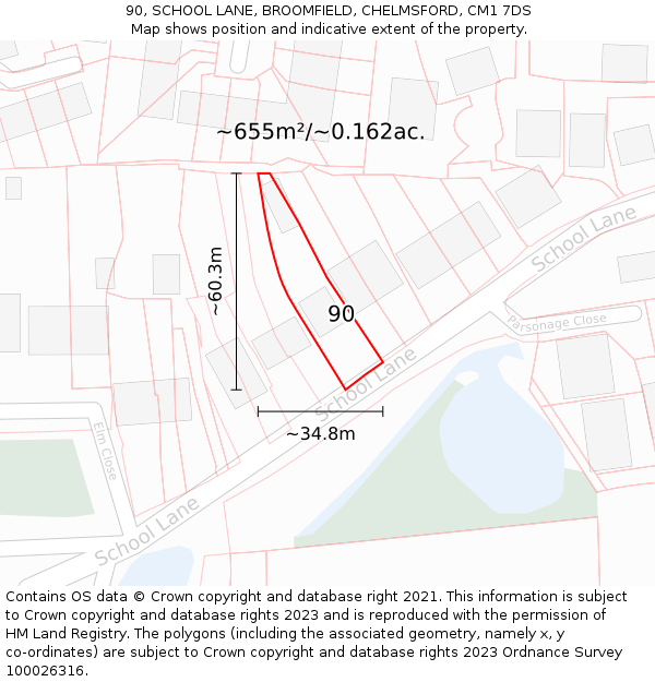 90, SCHOOL LANE, BROOMFIELD, CHELMSFORD, CM1 7DS: Plot and title map