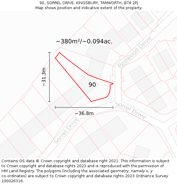 90, SORREL DRIVE, KINGSBURY, TAMWORTH, B78 2PJ: Plot and title map