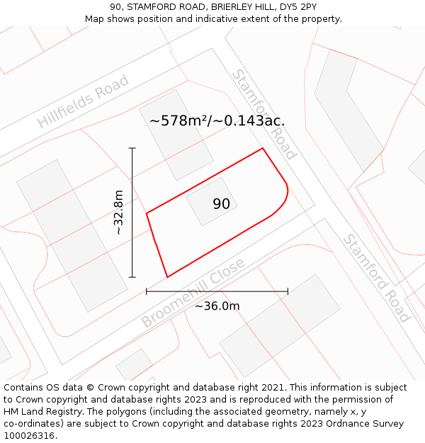 90, STAMFORD ROAD, BRIERLEY HILL, DY5 2PY: Plot and title map