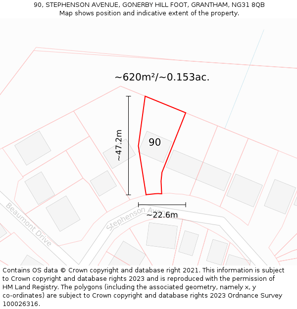 90, STEPHENSON AVENUE, GONERBY HILL FOOT, GRANTHAM, NG31 8QB: Plot and title map