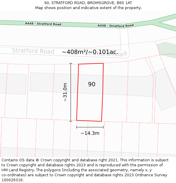 90, STRATFORD ROAD, BROMSGROVE, B60 1AT: Plot and title map