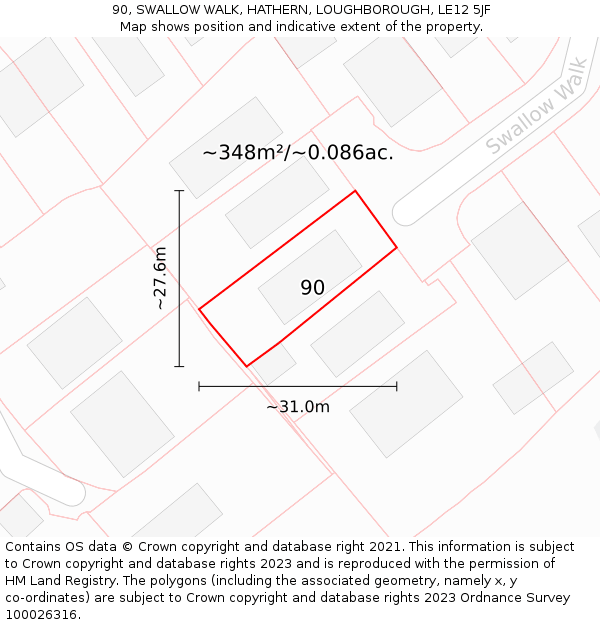 90, SWALLOW WALK, HATHERN, LOUGHBOROUGH, LE12 5JF: Plot and title map