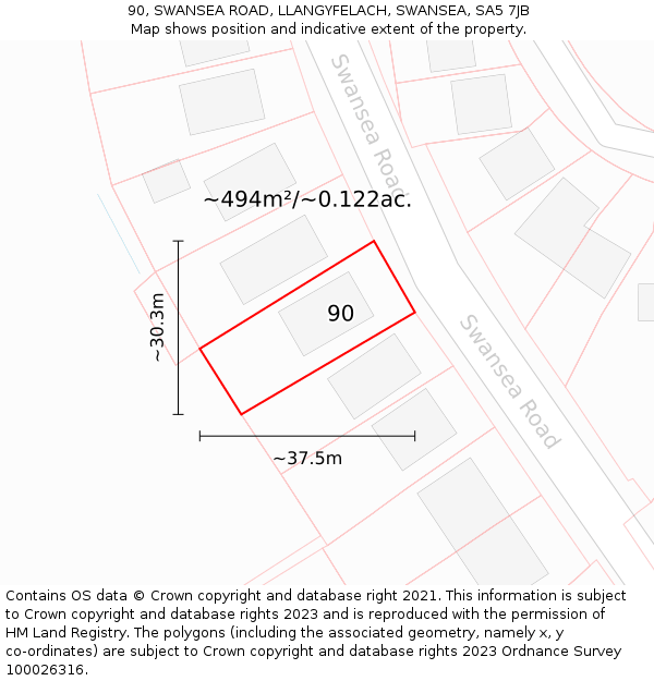 90, SWANSEA ROAD, LLANGYFELACH, SWANSEA, SA5 7JB: Plot and title map