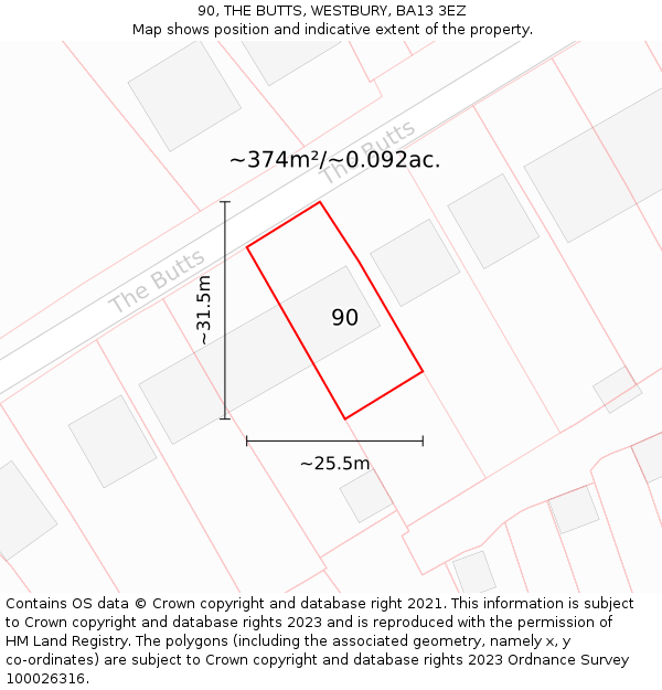 90, THE BUTTS, WESTBURY, BA13 3EZ: Plot and title map