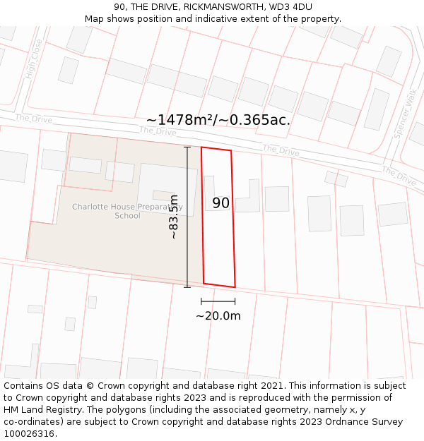 90, THE DRIVE, RICKMANSWORTH, WD3 4DU: Plot and title map