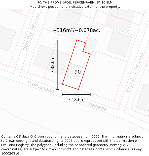 90, THE PROMENADE, PEACEHAVEN, BN10 8LN: Plot and title map