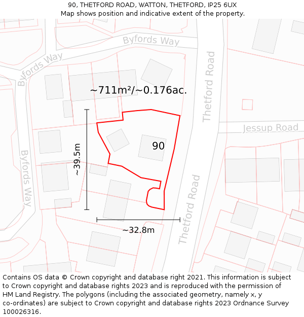 90, THETFORD ROAD, WATTON, THETFORD, IP25 6UX: Plot and title map