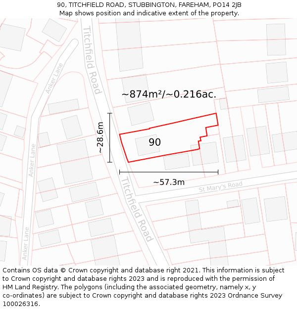 90, TITCHFIELD ROAD, STUBBINGTON, FAREHAM, PO14 2JB: Plot and title map