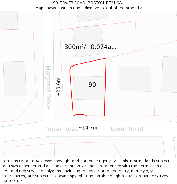 90, TOWER ROAD, BOSTON, PE21 9AU: Plot and title map