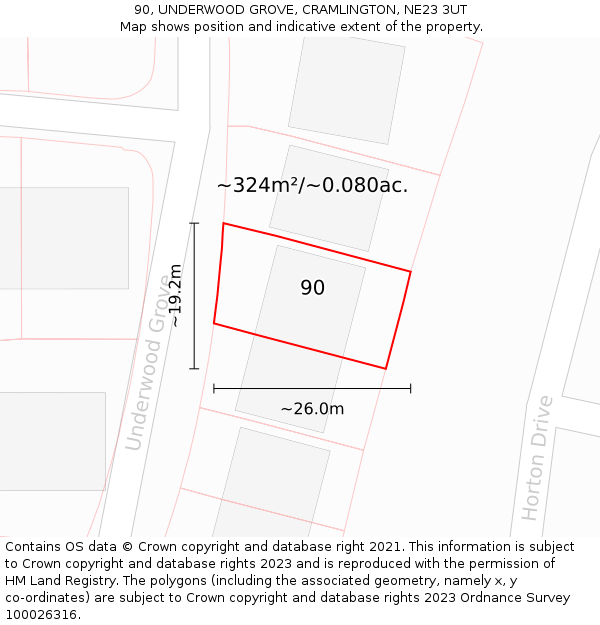 90, UNDERWOOD GROVE, CRAMLINGTON, NE23 3UT: Plot and title map