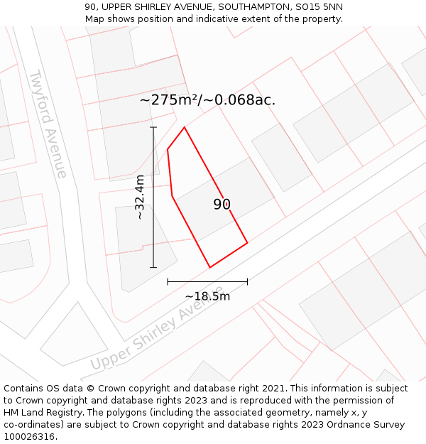 90, UPPER SHIRLEY AVENUE, SOUTHAMPTON, SO15 5NN: Plot and title map