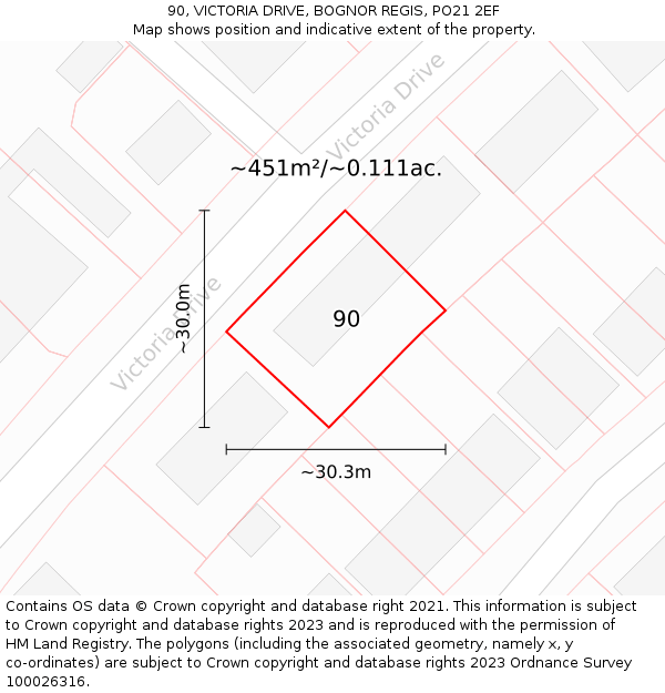 90, VICTORIA DRIVE, BOGNOR REGIS, PO21 2EF: Plot and title map