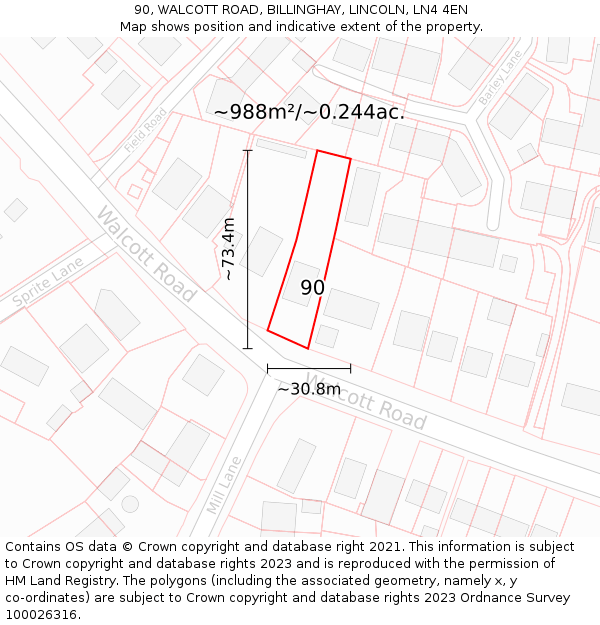 90, WALCOTT ROAD, BILLINGHAY, LINCOLN, LN4 4EN: Plot and title map