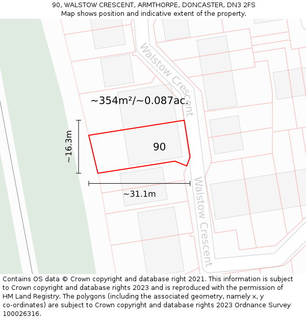 90, WALSTOW CRESCENT, ARMTHORPE, DONCASTER, DN3 2FS: Plot and title map