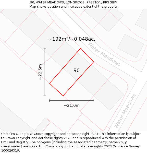 90, WATER MEADOWS, LONGRIDGE, PRESTON, PR3 3BW: Plot and title map