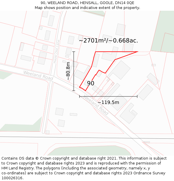 90, WEELAND ROAD, HENSALL, GOOLE, DN14 0QE: Plot and title map