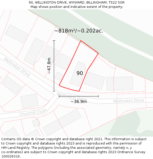 90, WELLINGTON DRIVE, WYNYARD, BILLINGHAM, TS22 5GR: Plot and title map