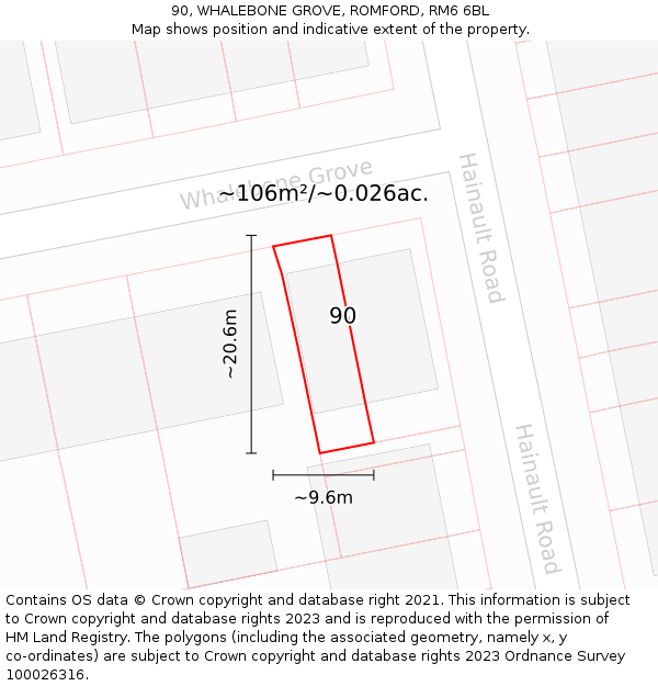 90, WHALEBONE GROVE, ROMFORD, RM6 6BL: Plot and title map