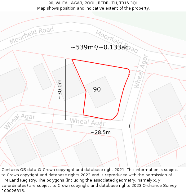 90, WHEAL AGAR, POOL, REDRUTH, TR15 3QL: Plot and title map