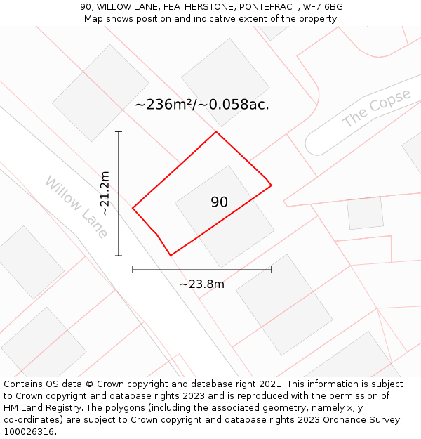 90, WILLOW LANE, FEATHERSTONE, PONTEFRACT, WF7 6BG: Plot and title map