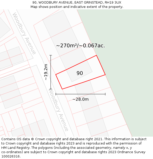 90, WOODBURY AVENUE, EAST GRINSTEAD, RH19 3UX: Plot and title map