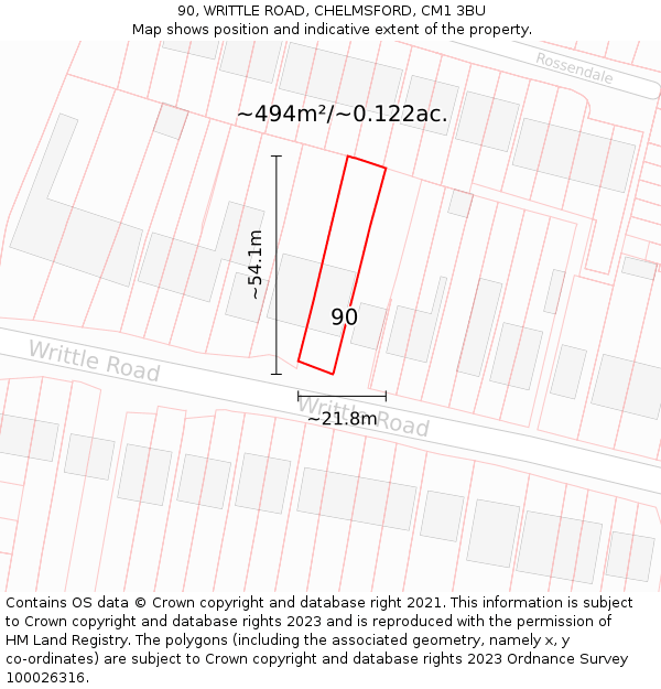 90, WRITTLE ROAD, CHELMSFORD, CM1 3BU: Plot and title map