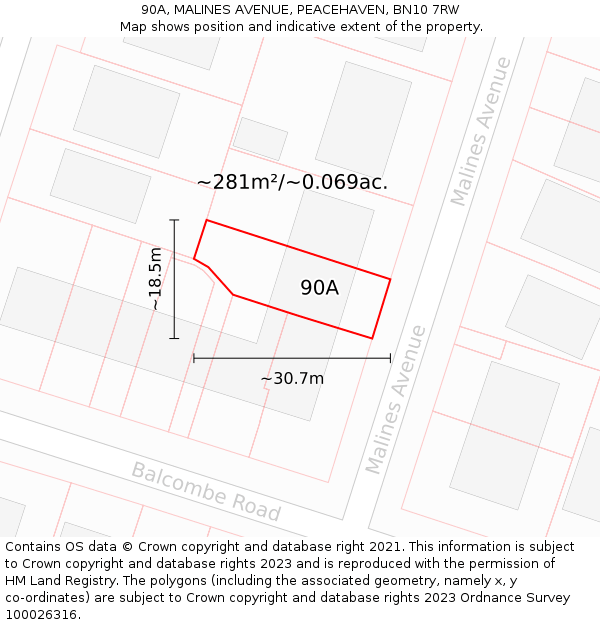 90A, MALINES AVENUE, PEACEHAVEN, BN10 7RW: Plot and title map