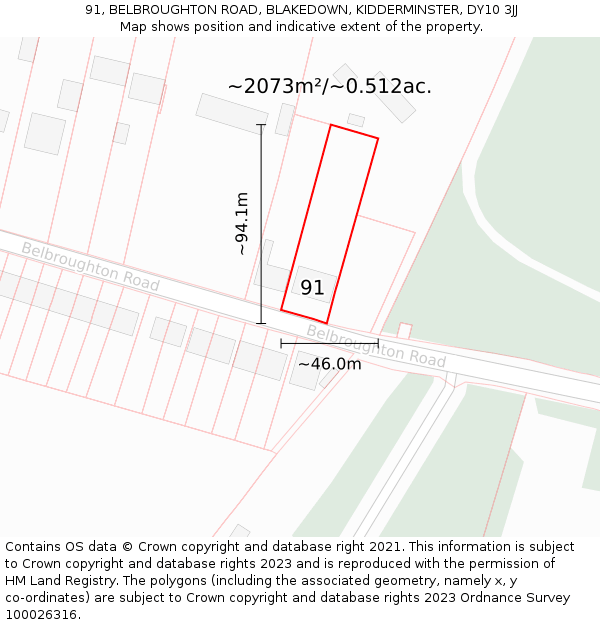 91, BELBROUGHTON ROAD, BLAKEDOWN, KIDDERMINSTER, DY10 3JJ: Plot and title map