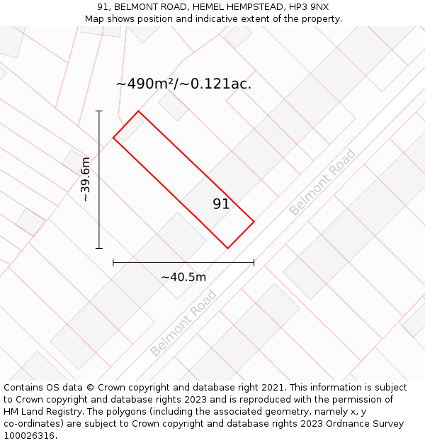 91, BELMONT ROAD, HEMEL HEMPSTEAD, HP3 9NX: Plot and title map