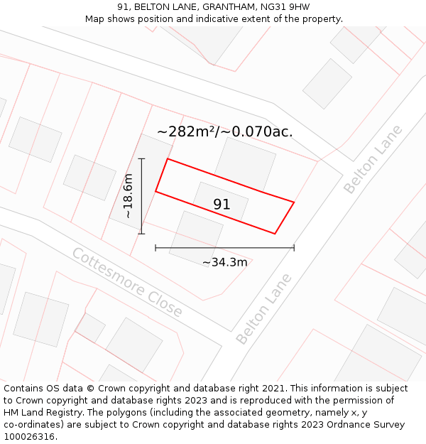 91, BELTON LANE, GRANTHAM, NG31 9HW: Plot and title map