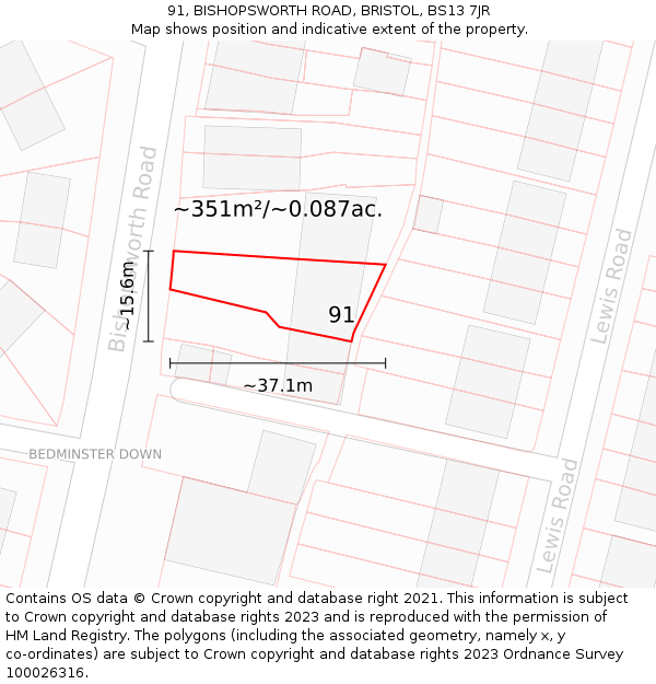 91, BISHOPSWORTH ROAD, BRISTOL, BS13 7JR: Plot and title map