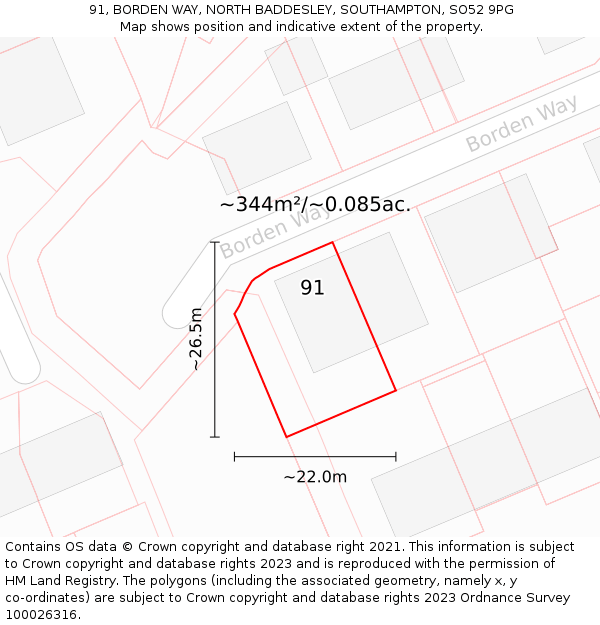 91, BORDEN WAY, NORTH BADDESLEY, SOUTHAMPTON, SO52 9PG: Plot and title map