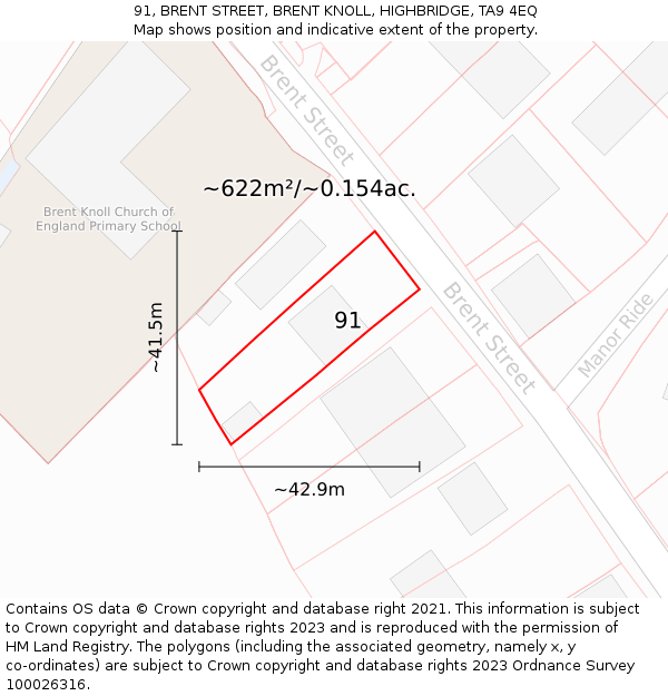 91, BRENT STREET, BRENT KNOLL, HIGHBRIDGE, TA9 4EQ: Plot and title map