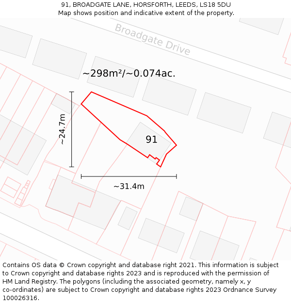 91, BROADGATE LANE, HORSFORTH, LEEDS, LS18 5DU: Plot and title map