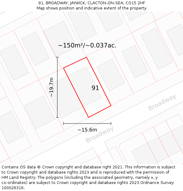 91, BROADWAY, JAYWICK, CLACTON-ON-SEA, CO15 2HF: Plot and title map