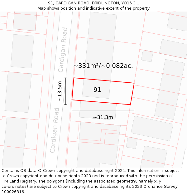 91, CARDIGAN ROAD, BRIDLINGTON, YO15 3JU: Plot and title map