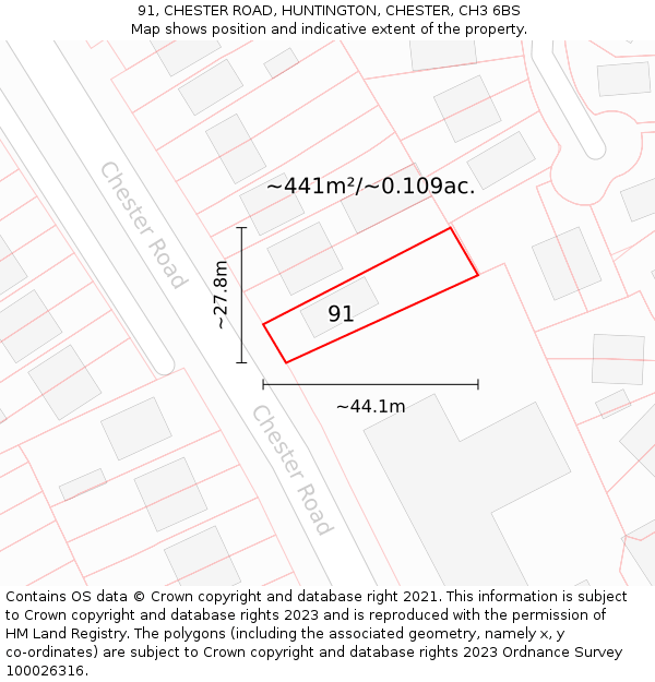 91, CHESTER ROAD, HUNTINGTON, CHESTER, CH3 6BS: Plot and title map