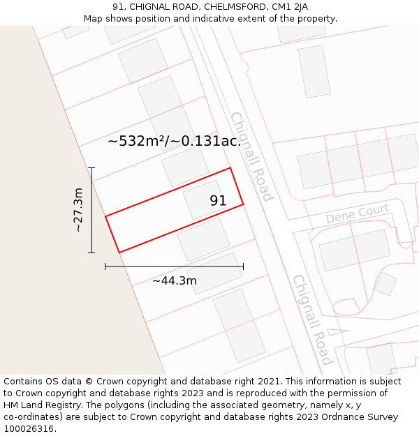 91, CHIGNAL ROAD, CHELMSFORD, CM1 2JA: Plot and title map