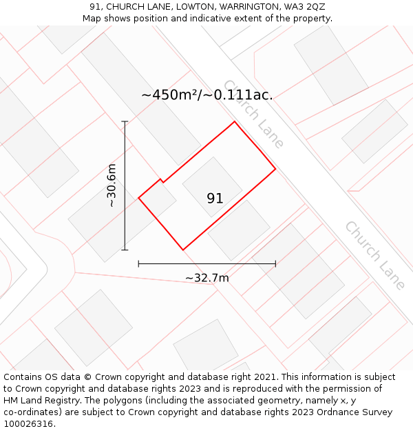 91, CHURCH LANE, LOWTON, WARRINGTON, WA3 2QZ: Plot and title map