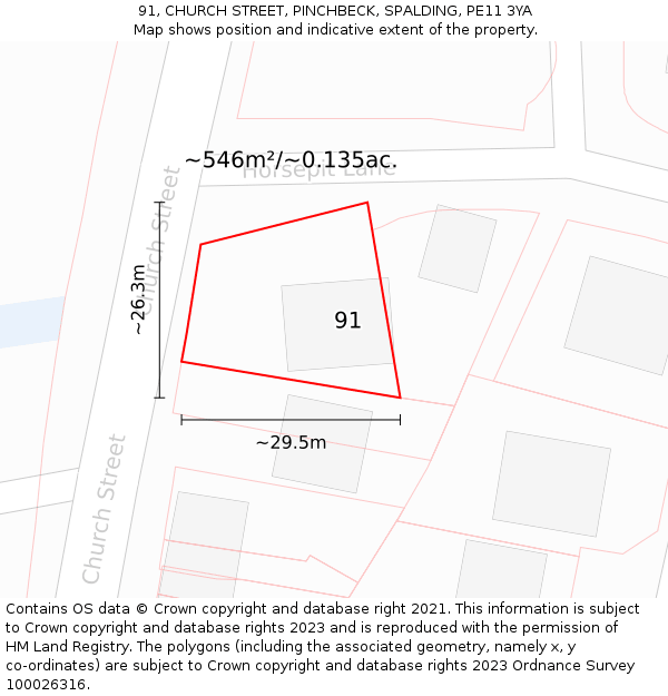91, CHURCH STREET, PINCHBECK, SPALDING, PE11 3YA: Plot and title map