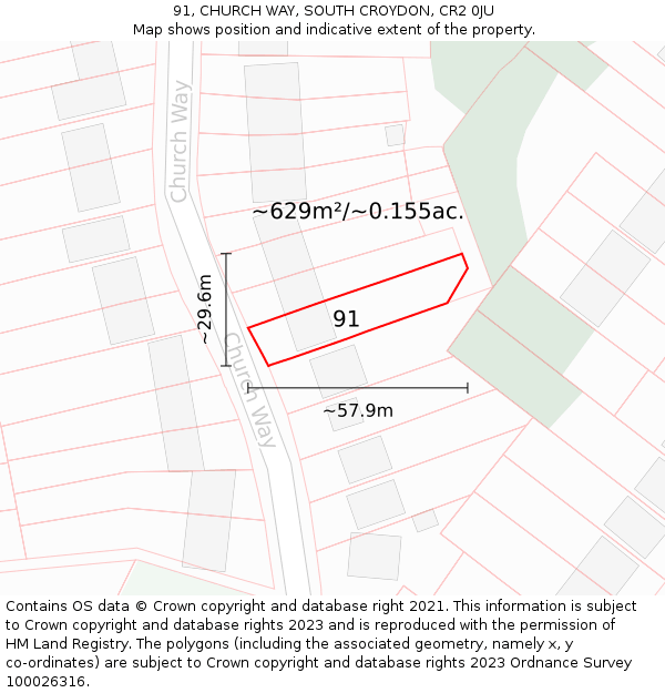 91, CHURCH WAY, SOUTH CROYDON, CR2 0JU: Plot and title map