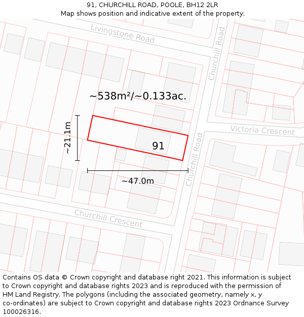 91, CHURCHILL ROAD, POOLE, BH12 2LR: Plot and title map