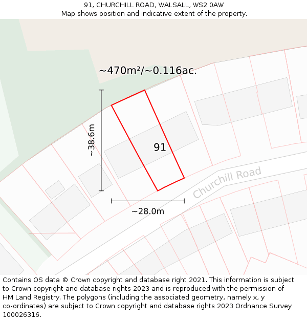 91, CHURCHILL ROAD, WALSALL, WS2 0AW: Plot and title map