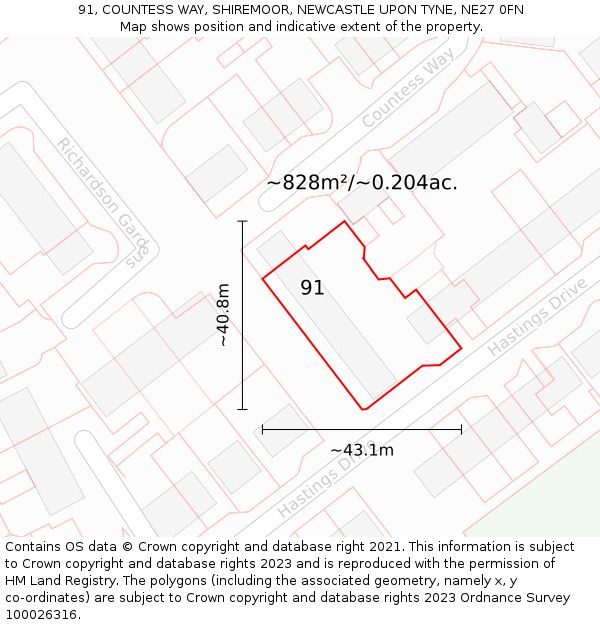 91, COUNTESS WAY, SHIREMOOR, NEWCASTLE UPON TYNE, NE27 0FN: Plot and title map