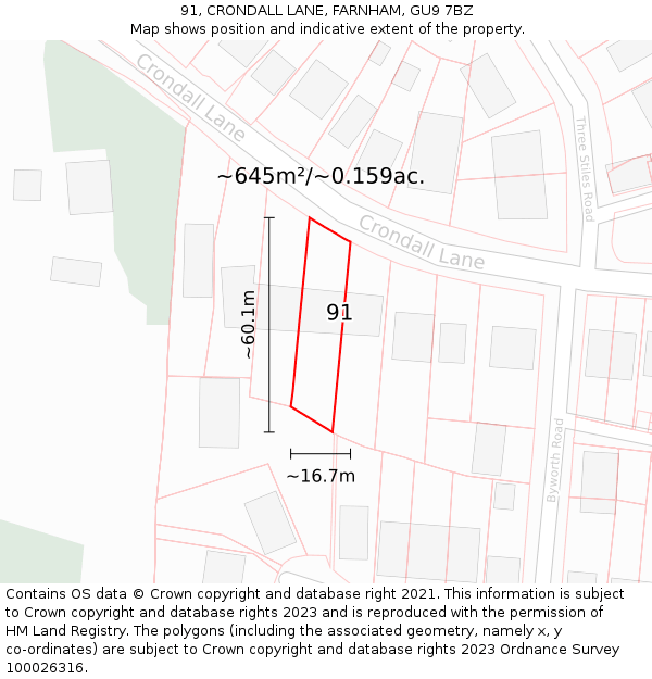 91, CRONDALL LANE, FARNHAM, GU9 7BZ: Plot and title map