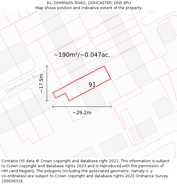 91, DOMINION ROAD, DONCASTER, DN5 9PU: Plot and title map