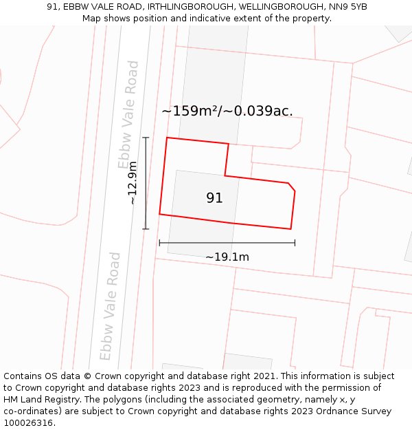 91, EBBW VALE ROAD, IRTHLINGBOROUGH, WELLINGBOROUGH, NN9 5YB: Plot and title map