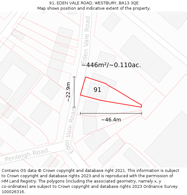 91, EDEN VALE ROAD, WESTBURY, BA13 3QE: Plot and title map