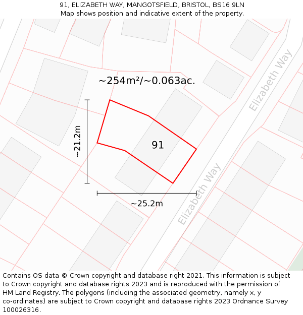 91, ELIZABETH WAY, MANGOTSFIELD, BRISTOL, BS16 9LN: Plot and title map