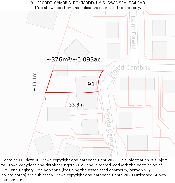 91, FFORDD CAMBRIA, PONTARDDULAIS, SWANSEA, SA4 8AB: Plot and title map